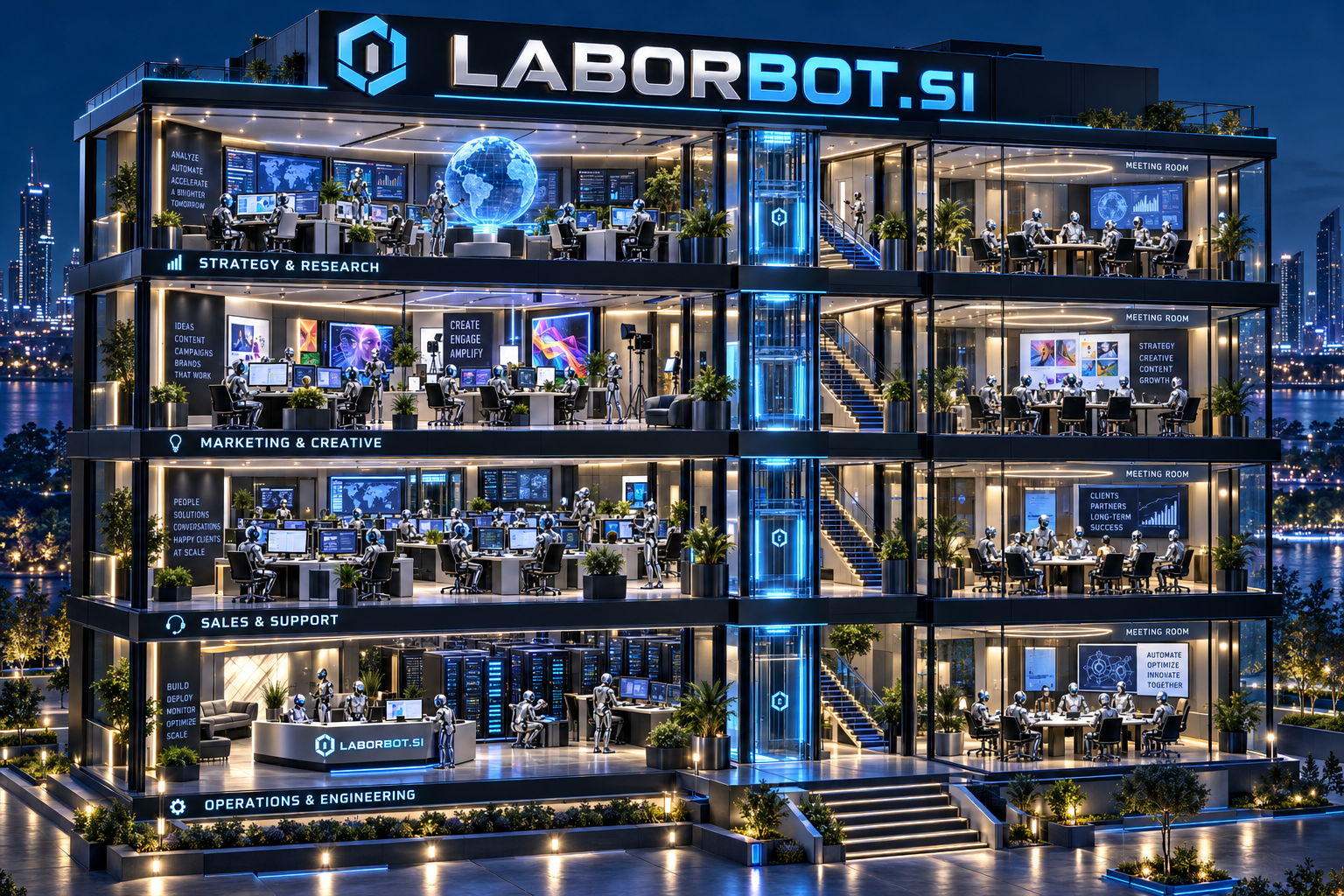 Laborbot headquarters: Strategy and Research, Marketing and Creative, Sales and Support, Operations and Engineering, with a meeting room on each floor